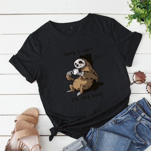 Women T-shirt Summer Short Sleeve Cotton Plus Size S-5XL Cute Lazy Sloth Print Funny Casual O Neck Female Tshirt Tees Tops