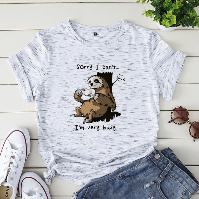 Women T-shirt Summer Short Sleeve Cotton Plus Size S-5XL Cute Lazy Sloth Print Funny Casual O Neck Female Tshirt Tees Tops