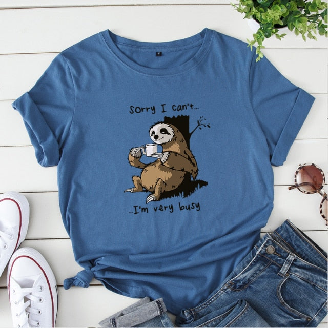 Women T-shirt Summer Short Sleeve Cotton Plus Size S-5XL Cute Lazy Sloth Print Funny Casual O Neck Female Tshirt Tees Tops