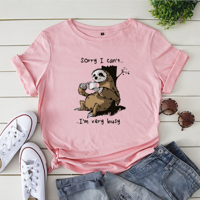 Women T-shirt Summer Short Sleeve Cotton Plus Size S-5XL Cute Lazy Sloth Print Funny Casual O Neck Female Tshirt Tees Tops