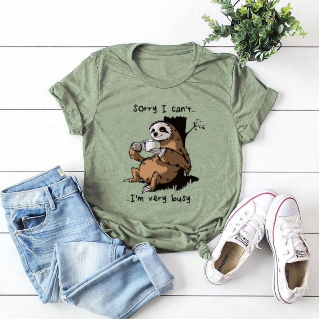 Women T-shirt Summer Short Sleeve Cotton Plus Size S-5XL Cute Lazy Sloth Print Funny Casual O Neck Female Tshirt Tees Tops