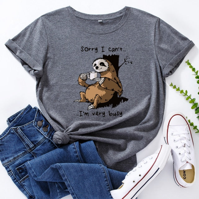 Women T-shirt Summer Short Sleeve Cotton Plus Size S-5XL Cute Lazy Sloth Print Funny Casual O Neck Female Tshirt Tees Tops