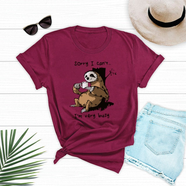 Women T-shirt Summer Short Sleeve Cotton Plus Size S-5XL Cute Lazy Sloth Print Funny Casual O Neck Female Tshirt Tees Tops