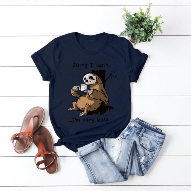 Women T-shirt Summer Short Sleeve Cotton Plus Size S-5XL Cute Lazy Sloth Print Funny Casual O Neck Female Tshirt Tees Tops