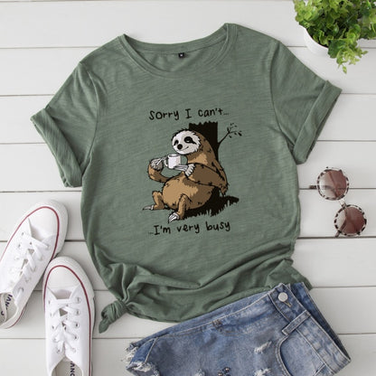 Women T-shirt Summer Short Sleeve Cotton Plus Size S-5XL Cute Lazy Sloth Print Funny Casual O Neck Female Tshirt Tees Tops