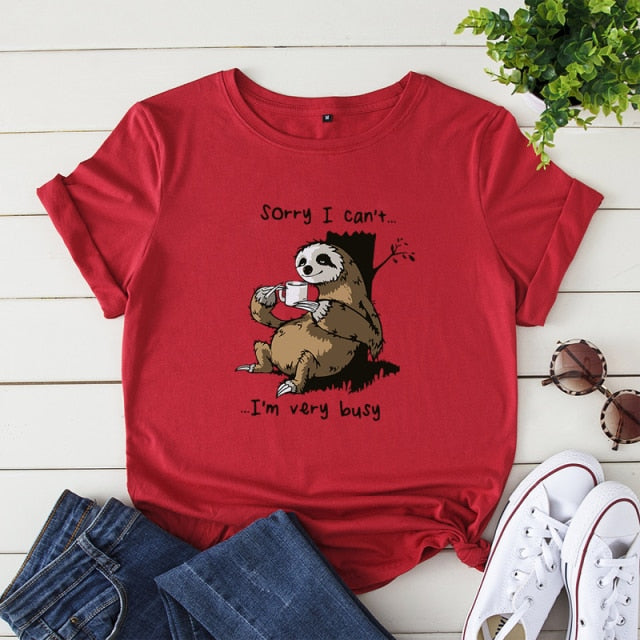 Women T-shirt Summer Short Sleeve Cotton Plus Size S-5XL Cute Lazy Sloth Print Funny Casual O Neck Female Tshirt Tees Tops