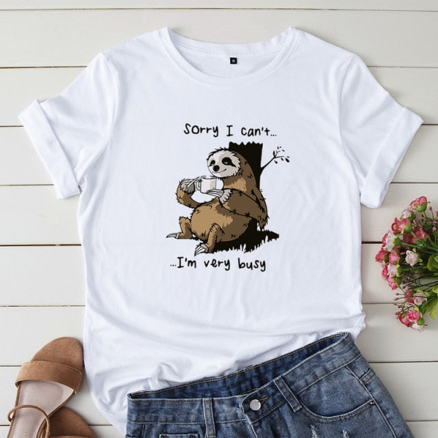 Women T-shirt Summer Short Sleeve Cotton Plus Size S-5XL Cute Lazy Sloth Print Funny Casual O Neck Female Tshirt Tees Tops