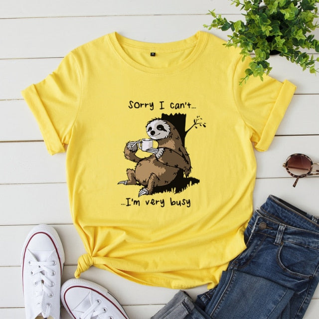 Women T-shirt Summer Short Sleeve Cotton Plus Size S-5XL Cute Lazy Sloth Print Funny Casual O Neck Female Tshirt Tees Tops