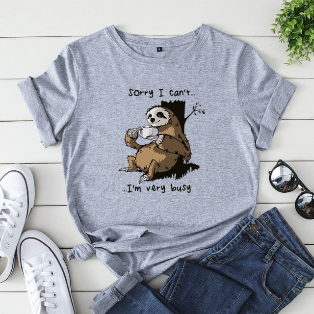 Women T-shirt Summer Short Sleeve Cotton Plus Size S-5XL Cute Lazy Sloth Print Funny Casual O Neck Female Tshirt Tees Tops