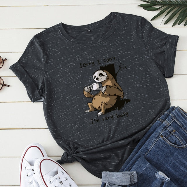 Women T-shirt Summer Short Sleeve Cotton Plus Size S-5XL Cute Lazy Sloth Print Funny Casual O Neck Female Tshirt Tees Tops