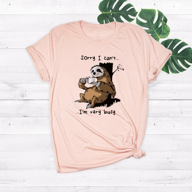 Women T-shirt Summer Short Sleeve Cotton Plus Size S-5XL Cute Lazy Sloth Print Funny Casual O Neck Female Tshirt Tees Tops