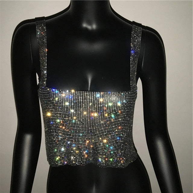 Bling Rhinestones Party Crop Top Fashion Solid Backless Straps Full Diamonds Sequins Cami Cropped Top for Women