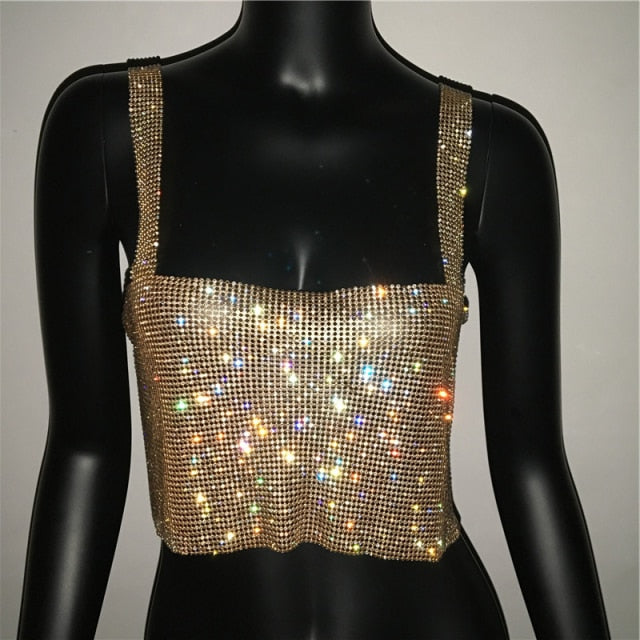 Bling Rhinestones Party Crop Top Fashion Solid Backless Straps Full Diamonds Sequins Cami Cropped Top for Women