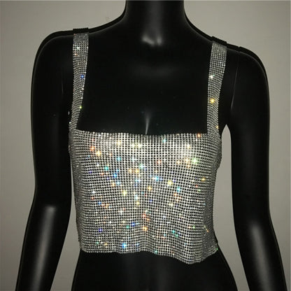 Bling Rhinestones Party Crop Top Fashion Solid Backless Straps Full Diamonds Sequins Cami Cropped Top for Women