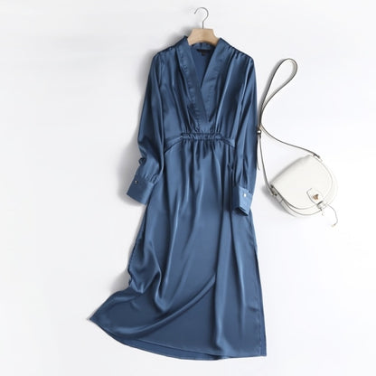 Autumn Fashion Women Elegant Satin Dress Long Sleeve Office Ladies Midi Dress with Slash