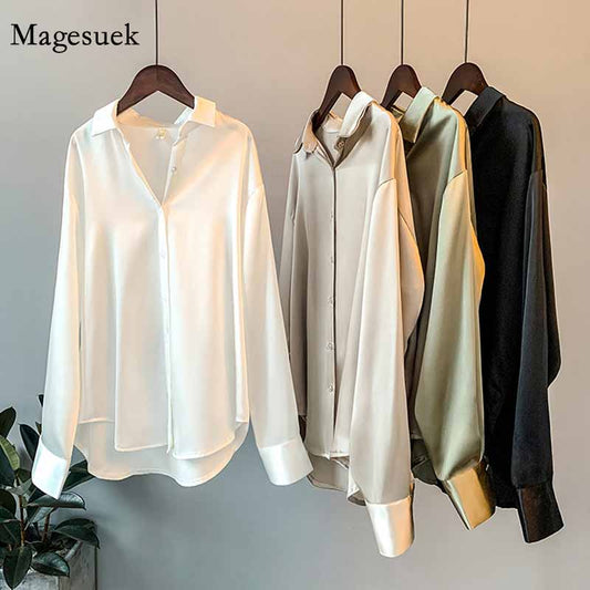 Silk Korean Office Ladies Elegant Shirt Blouse Women Fashion Button Up Satin Shirt Vintage White Long Sleeve Shirts Tops