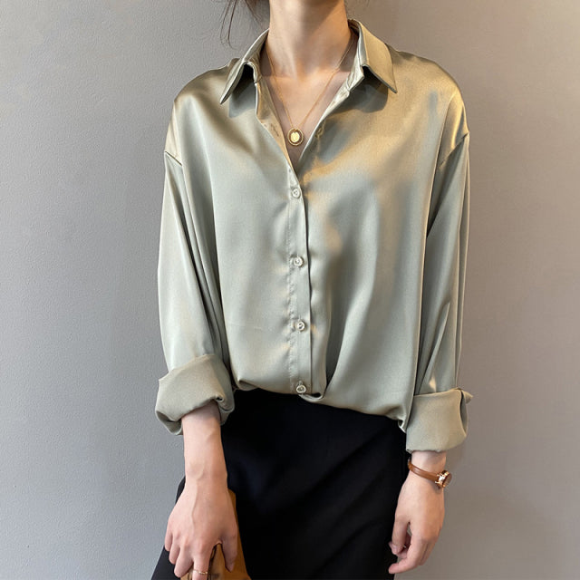 Silk Korean Office Ladies Elegant Shirt Blouse Women Fashion Button Up Satin Shirt Vintage White Long Sleeve Shirts Tops