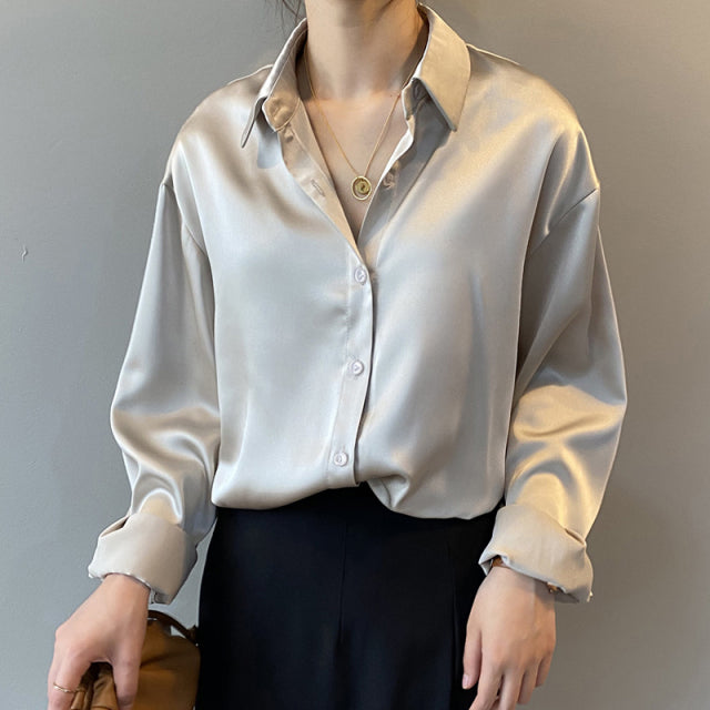 Silk Korean Office Ladies Elegant Shirt Blouse Women Fashion Button Up Satin Shirt Vintage White Long Sleeve Shirts Tops