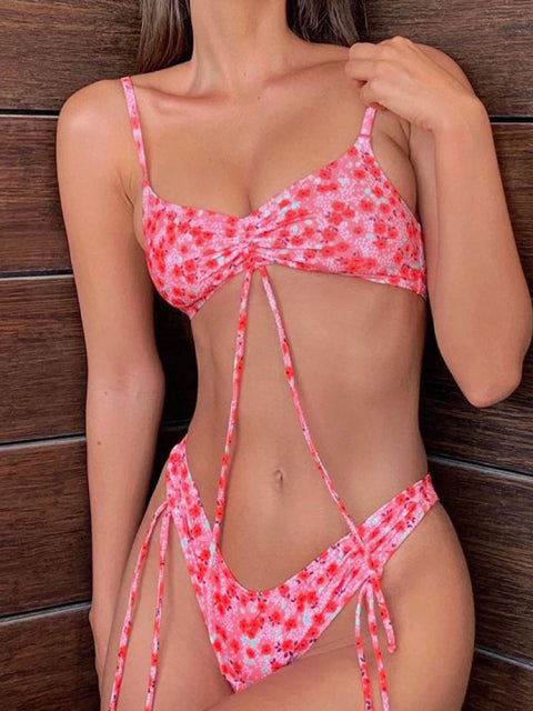 Bikini Sexy Triangle Adjust Swimwear Women Bathing Suit Hollow Out Quality Pleated Swimsuit Female Double-Sided Bikini Set