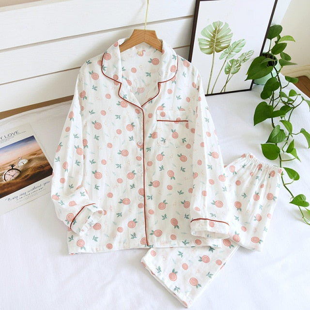 Ladies Pajamas Set 100% Gauze Cotton Cartoon Dog Printed Pyjamas Women 2Pcs Turn-down Neck Shirt+Pants Comfort Nature Sleepwear