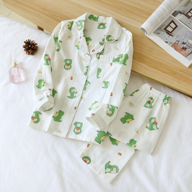 Ladies Pajamas Set 100% Gauze Cotton Cartoon Dog Printed Pyjamas Women 2Pcs Turn-down Neck Shirt+Pants Comfort Nature Sleepwear