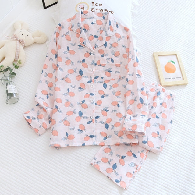 Ladies Pajamas Set 100% Gauze Cotton Cartoon Dog Printed Pyjamas Women 2Pcs Turn-down Neck Shirt+Pants Comfort Nature Sleepwear