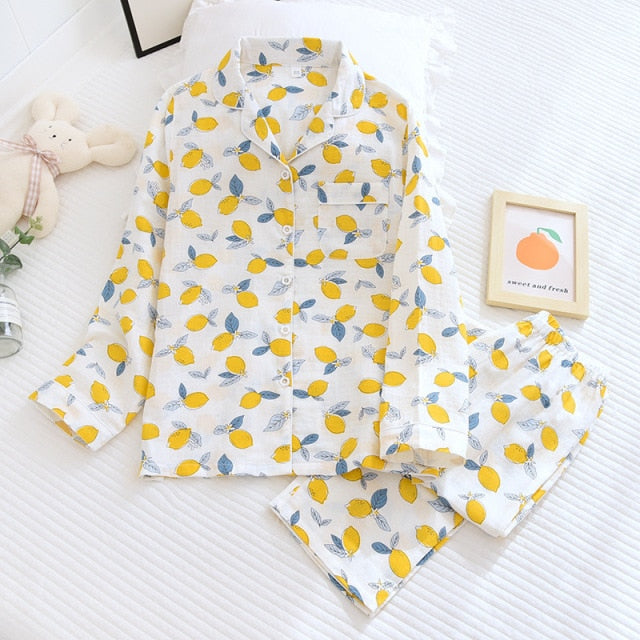 Ladies Pajamas Set 100% Gauze Cotton Cartoon Dog Printed Pyjamas Women 2Pcs Turn-down Neck Shirt+Pants Comfort Nature Sleepwear