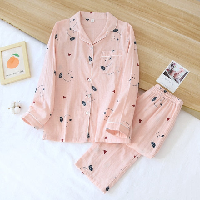 Ladies Pajamas Set 100% Gauze Cotton Cartoon Dog Printed Pyjamas Women 2Pcs Turn-down Neck Shirt+Pants Comfort Nature Sleepwear