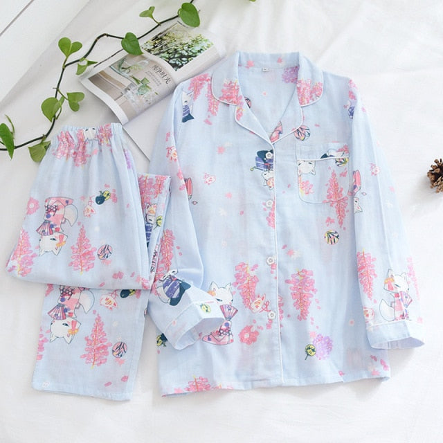 Ladies Pajamas Set 100% Gauze Cotton Cartoon Dog Printed Pyjamas Women 2Pcs Turn-down Neck Shirt+Pants Comfort Nature Sleepwear