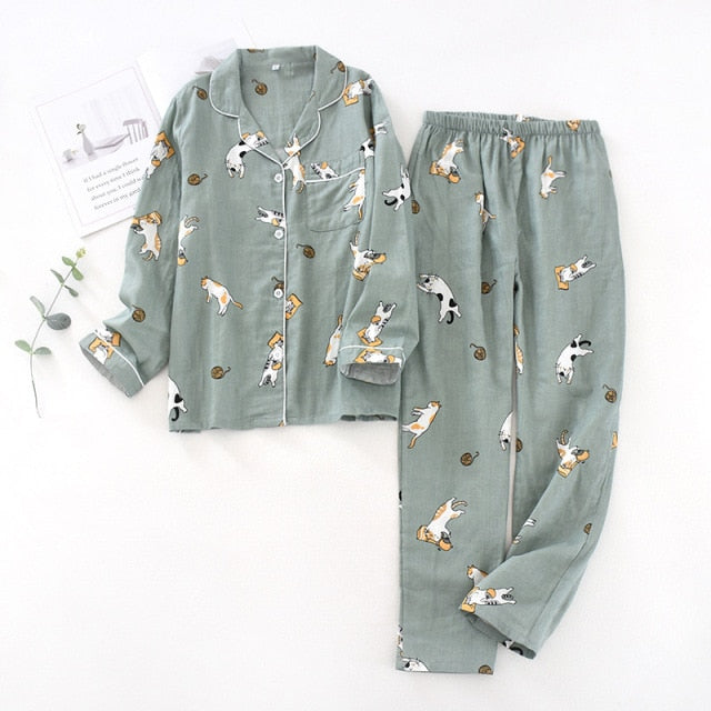 Ladies Pajamas Set 100% Gauze Cotton Cartoon Dog Printed Pyjamas Women 2Pcs Turn-down Neck Shirt+Pants Comfort Nature Sleepwear