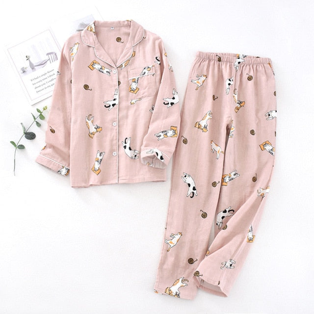 Ladies Pajamas Set 100% Gauze Cotton Cartoon Dog Printed Pyjamas Women 2Pcs Turn-down Neck Shirt+Pants Comfort Nature Sleepwear