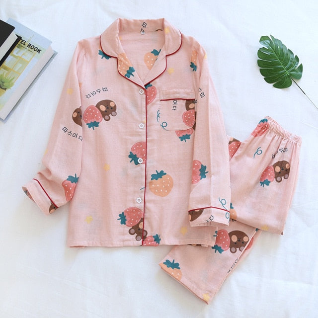 Ladies Pajamas Set 100% Gauze Cotton Cartoon Dog Printed Pyjamas Women 2Pcs Turn-down Neck Shirt+Pants Comfort Nature Sleepwear