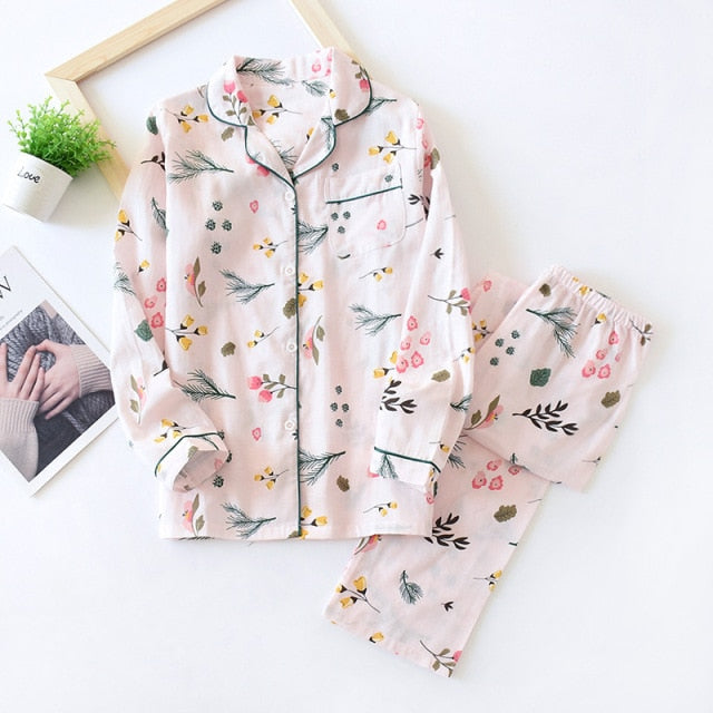 Ladies Pajamas Set 100% Gauze Cotton Cartoon Dog Printed Pyjamas Women 2Pcs Turn-down Neck Shirt+Pants Comfort Nature Sleepwear