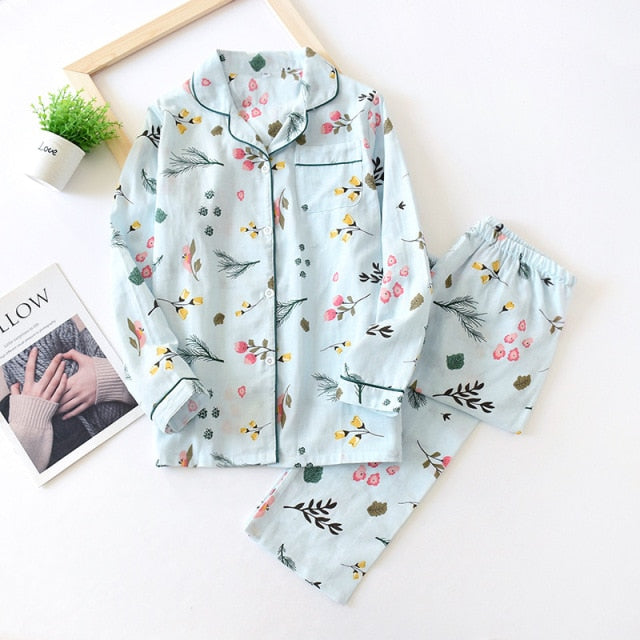 Ladies Pajamas Set 100% Gauze Cotton Cartoon Dog Printed Pyjamas Women 2Pcs Turn-down Neck Shirt+Pants Comfort Nature Sleepwear