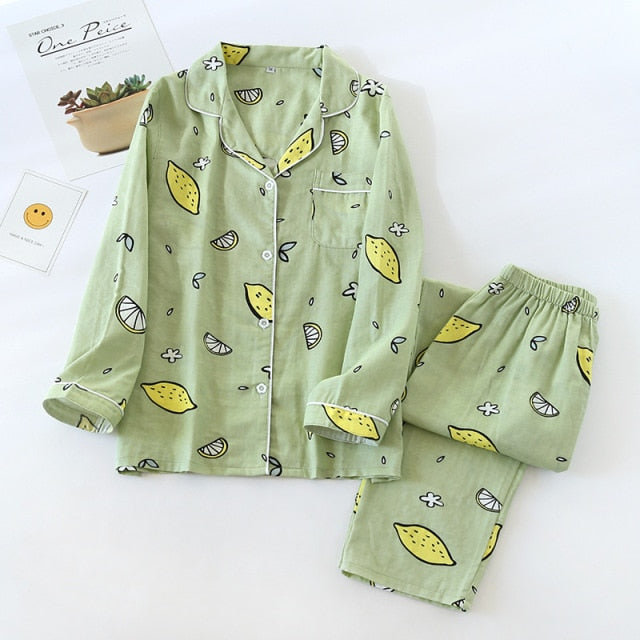 Ladies Pajamas Set 100% Gauze Cotton Cartoon Dog Printed Pyjamas Women 2Pcs Turn-down Neck Shirt+Pants Comfort Nature Sleepwear