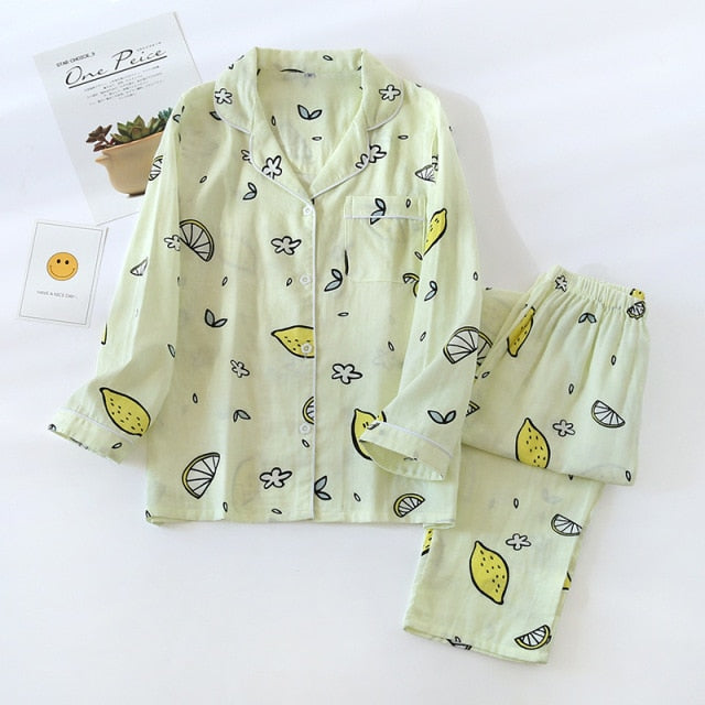 Ladies Pajamas Set 100% Gauze Cotton Cartoon Dog Printed Pyjamas Women 2Pcs Turn-down Neck Shirt+Pants Comfort Nature Sleepwear