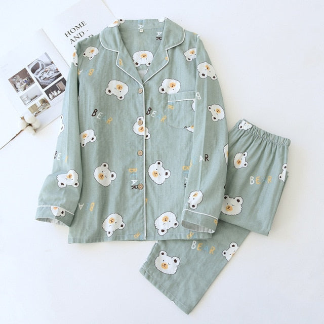 Ladies Pajamas Set 100% Gauze Cotton Cartoon Dog Printed Pyjamas Women 2Pcs Turn-down Neck Shirt+Pants Comfort Nature Sleepwear