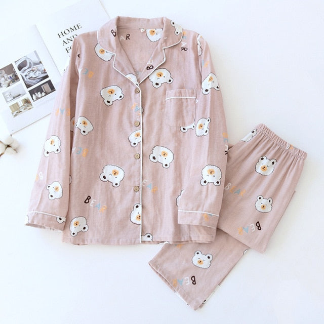 Ladies Pajamas Set 100% Gauze Cotton Cartoon Dog Printed Pyjamas Women 2Pcs Turn-down Neck Shirt+Pants Comfort Nature Sleepwear