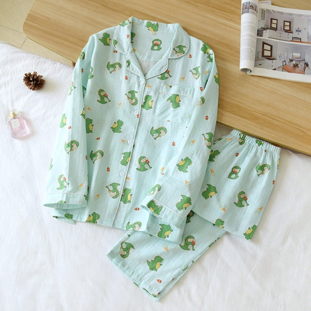 Ladies Pajamas Set 100% Gauze Cotton Cartoon Dog Printed Pyjamas Women 2Pcs Turn-down Neck Shirt+Pants Comfort Nature Sleepwear