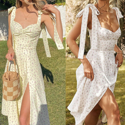 Summer Spring Floral Dress Women's Sexy Casual Fashion Sundress Midi Slip Backless Pleated Slit White Yellow Lace-up Flowers