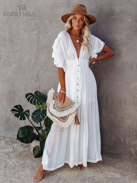 Embroidery Kaftan Beach Tunic Beach Cover up Saida de Praia Swimsuit Women Bikini cover up Pareo Sarong Beachwear