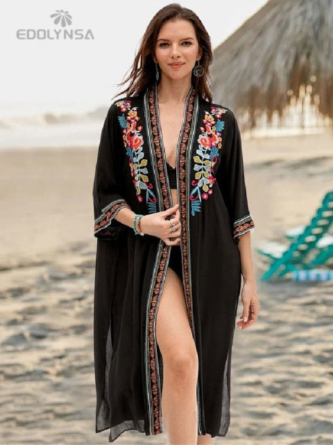 Embroidery Kaftan Beach Tunic Beach Cover up Saida de Praia Swimsuit Women Bikini cover up Pareo Sarong Beachwear