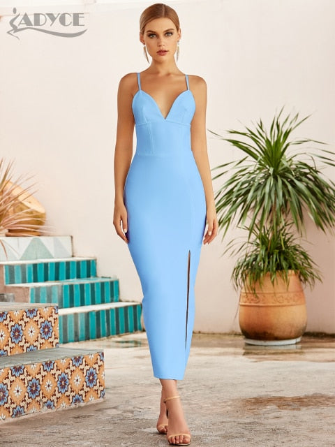 New Summer Women White Bodycon Bandage Dress Sexy V Neck Spaghetti Strap Club Celebrity Evening Runway Party Long Dresses