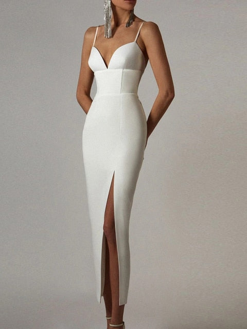 New Summer Women White Bodycon Bandage Dress Sexy V Neck Spaghetti Strap Club Celebrity Evening Runway Party Long Dresses