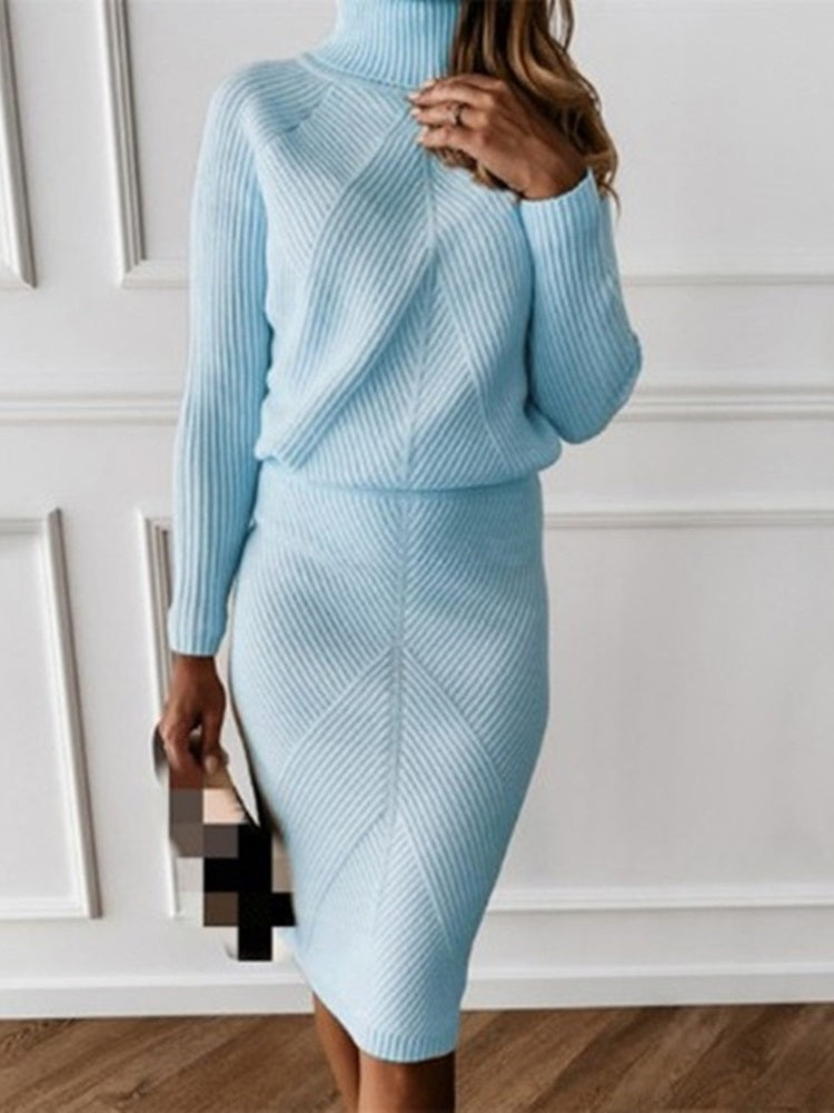 Autumn Wome's Knitting Costume Turtleneck Solid Color Pullover Sweater + Slim Skirt Two-Piece Set