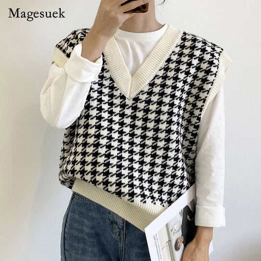 New Women Houndstooth Loose Knitted Vest Sweater V Neck Sleeveless Thick Casual Sweater Suits Female Waistcoat Chic Tops