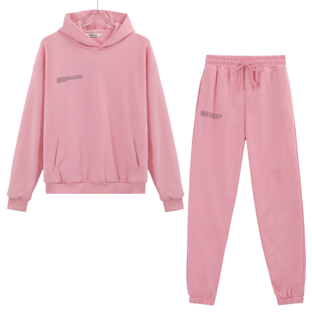 100% Cotton Solid Hoodies Sets Track Pants Women Hooded Sweatshirts Female Pullover Two Pieces Suits