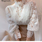 Petal Sleeve Stand Collar Hollow Out Flower Lace Patchwork Shirt Femme Blusas All-match Women Lace Blouse Button White Top