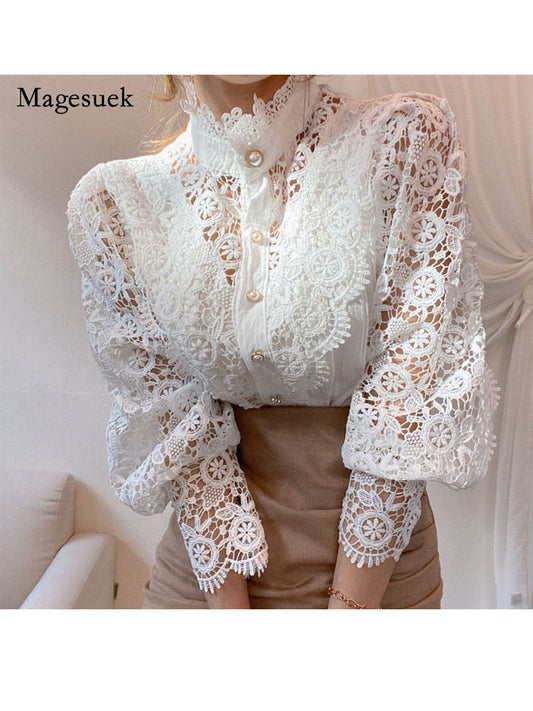 Petal Sleeve Stand Collar Hollow Out Flower Lace Patchwork Shirt Femme Blusas All-match Women Lace Blouse Button White Top