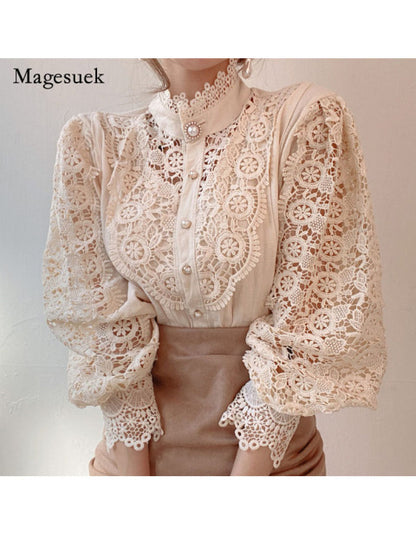 Petal Sleeve Stand Collar Hollow Out Flower Lace Patchwork Shirt Femme Blusas All-match Women Lace Blouse Button White Top